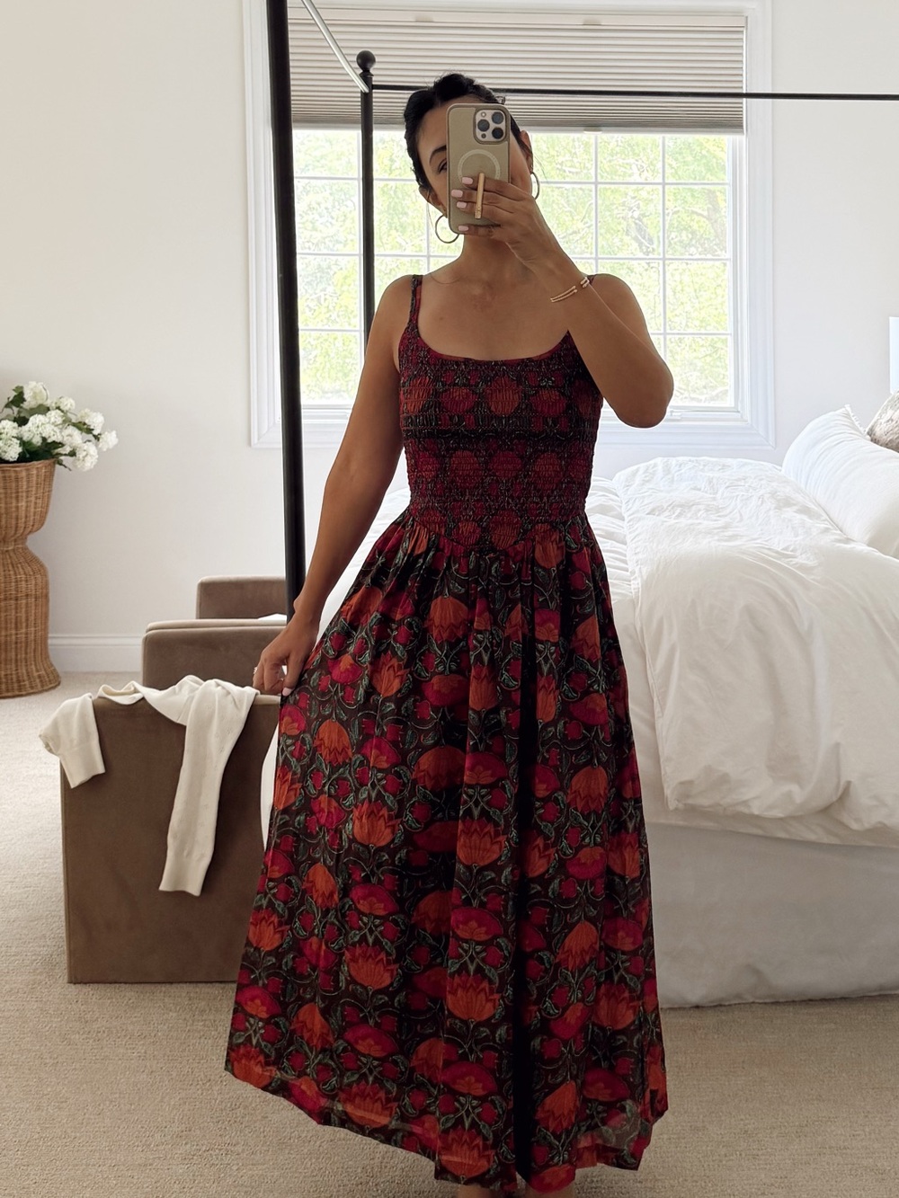 Abercrombie Smocked Bodice Floral Maxi Dress in Red and Orange